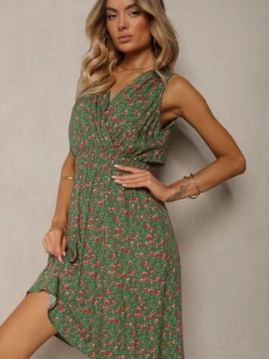 Zielona Kopertowa Sukienka z Wiskozy w Kwiaty Wykończona Gumką w Talii Innavia cflo