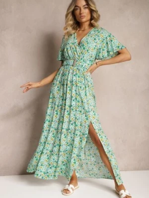 Zielona Kopertowa Sukienka z Wiskozy z Materiałowym Paskiem i Gumką w Talii z Rozcięciem Vikali rosa