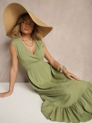 Zielona Kopertowa Sukienka z Wiskozy Zdobiona Falbanką Ularisela h&s