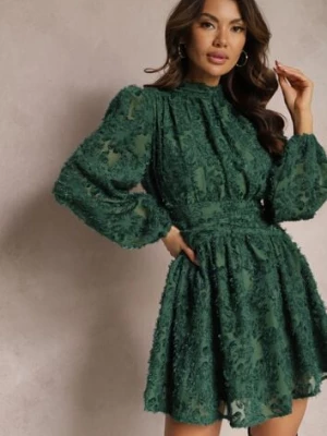 Zielona Koronkowa Sukienka Mini z Gumką w Pasie Netta retro & icone