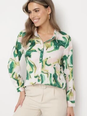 Beżowo-Zielona Koszula o Klasycznym Fasonie Ozdobiona Abstrakcyjnym Wzorem Zenailla