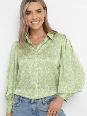 Zielona Koszula w Drobne Kwiatki z Bufiastymi Rękawami Serafine retro & icone