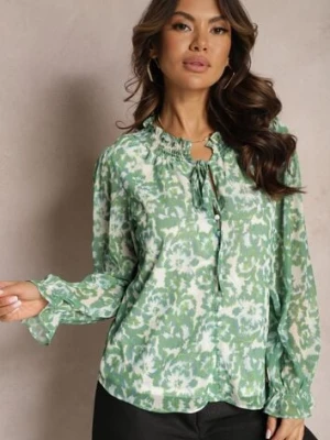 Zielona Koszula w Kwiaty z Falbanką przy Dekolcie i Rękawach Navy retro & icone
