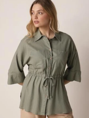 Zielona Koszula z Bawełną i Lnem Ozdobiona Wycięciami i Ściągana w Pasie Harwinds m&d fashion