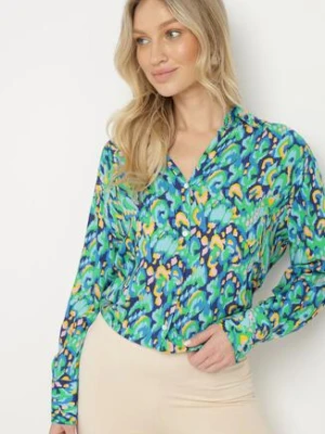 Zielona Koszula z Dekoltem w Serek i Podpinanymi Rękawami w Abstrakcyjny Wzór Ridiane melya by melody