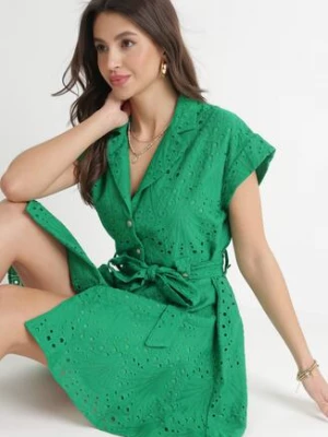 Zielona Koszulowa Sukienka Haftowana z Wiązanym Paskiem Tireah