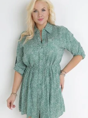 Zielona Koszulowa Sukienka Mini z Materiałowym Paskiem i Podpinanymi Rękawami Eleandia