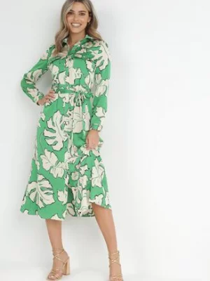 Zielona Koszulowa Sukienka na Guziki w Kwiaty Mivy