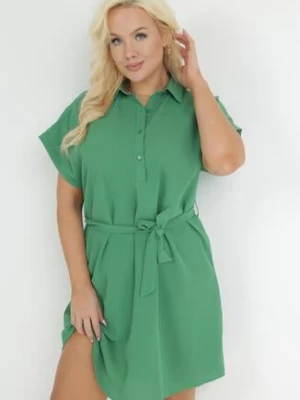 Zielona Koszulowa Sukienka z Krótkim Rękawem i Wiązaniem w Pasie Mistie