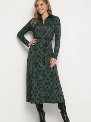 Zielona Koszulowa Sukienka z Wiskozą w Ornamentalny Wzór z Wiązanym Paskiem Evathria by swan