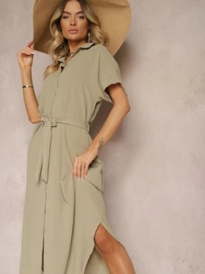 Zielona Koszulowa Sukienka z Wiskozy z Materiałowym Paskiem w Talii Gialara cflo