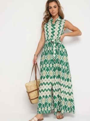 Zielona Koszulowa Sukienka z Wiskozy z Rozkloszowanym Dołem i Paskiem w Talii Drivima rosa