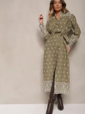 Zielona Koszulowa Sukienka Zdobiona Haftowanym Wzorem Wiązana w Pasie Tinnora rosa