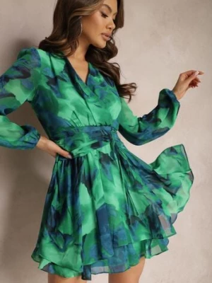 Zielona Krótka Sukienka Kopertowa z Abstrakcyjnym Wzorem Tie-Dye Mivern