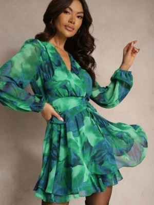 Zielona Krótka Sukienka Kopertowa z Abstrakcyjnym Wzorem Tie-Dye Mivern retro & icone