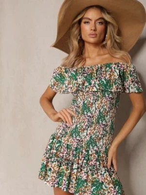 Zielona Krótka Sukienka z Hiszpańskim Dekoltem z Elastycznej Wiskozy Celestine cflo