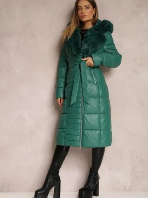 Zielona Kurtka Pikowana Długa Płaszcz z Imitacji Skóry z Futerkiem Flechie ann gissy