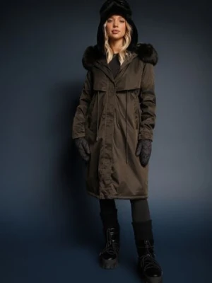 Zielona Kurtka Płaszcz ze Ściągaczem i Kapturem z Ozdobnym Futerkiem Livieya