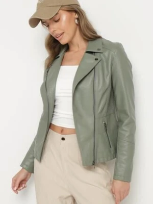 Zielona Kurtka Ramoneska z Napami Asymetrycznym Suwakiem Mevilina rosse line