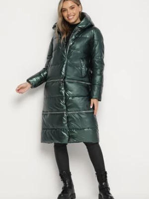 Zielona Kurtka z Kapturem i Szerokim Pikowaniem o Regulowanej Długości Ansanna