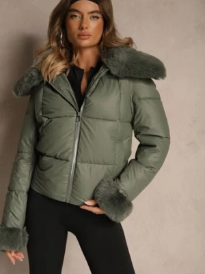 Zielona Kurtka z Pikowanymi Przeszyciami i Szerokim Kołnierzem z Futrem Galaressa swest