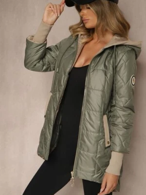 Zielona Kurtka z Pikowanymi Przeszyciami Kapturem i Dłuższym Tyłem Tuleina swest