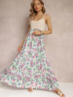 Zielona Kwiecista Sukienka Maxi z Szydełkową Górą i Cienkimi Ramiączkami z Wiskozy Zanidora rosa