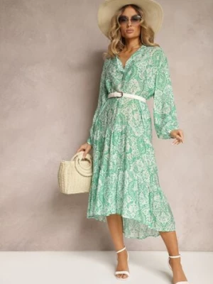 Zielona Kwiecista Sukienka o Rozkloszowanym Kroju z Dekoltem w Serek Nerpia rosa