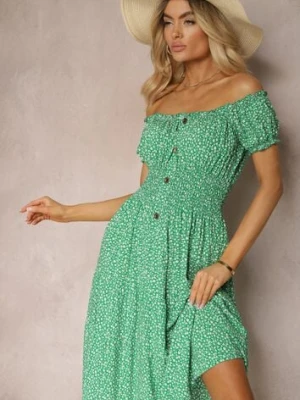 Zielona Kwiecista Sukienka z Bawełny z Gumkami w Pasie Herata defox