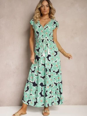 Zielona Kwiecista Sukienka z Wiskozy z Gumką w Talii Wiązana Materiałowym Paskiem Vikennia rosa