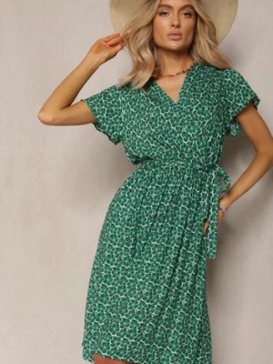 Zielona Letnia Sukienka Kopertowa Wiązana w Pasie z Wiskozy Meridase cflo