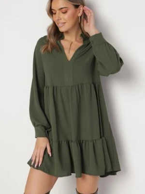 Zielona Luźna Sukienka Mini z Falbanką i Mankietami na Rękawach Vertecja j studio