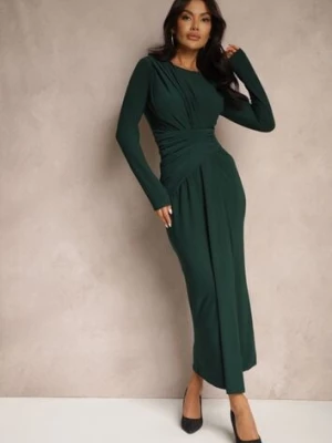 Zielona Marszczona Sukienka o Dopasowanym Kroju z Długim Rękawem i Trenem Sennariel allyson