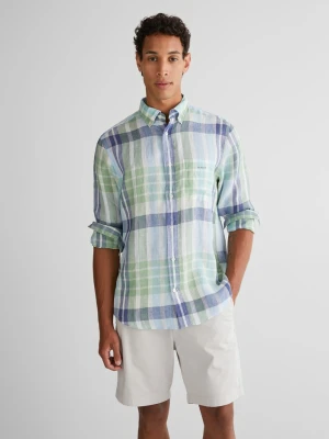 Zielona męska lniana koszula w kratę regular fit z kołnierzykiem na guziki GANT