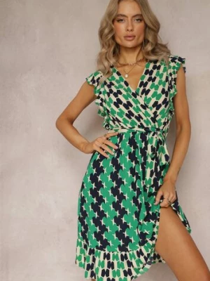 Zielona Midi Sukienka o Rozkloszowanym Fasonie w Geometryczny Wzór z Falbankami Airon