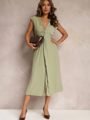 Zielona Midi Sukienka o Rozkloszowanym Fasonie z Ozdobnym Węzłem i Rozcięciem Zanondia rosa