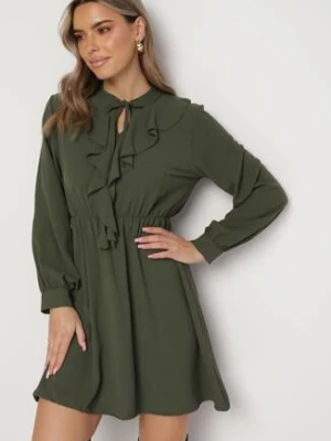 Zielona Mini Rozkloszowana Sukienka z Gumką w Pasie i Wiązaniem Przy Dekolcie Aganzza lily rose