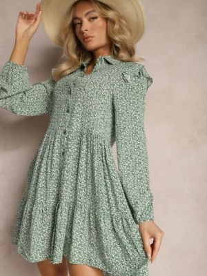 Zielona Mini Sukienka o Rozkloszowanym Kroju w Kwiaty z Falbankami Limrena r&f fashion