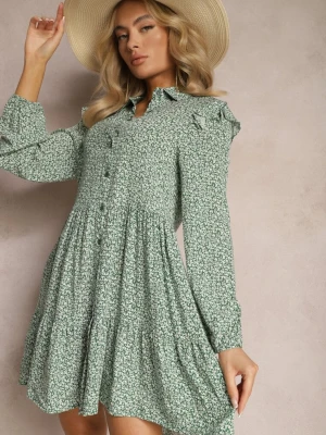 Zielona Mini Sukienka o Rozkloszowanym Kroju w Kwiaty z Falbankami Limrena R&f Fashion