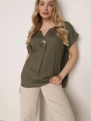 Zielona Nietoperzowa Bluzka z Krótkim Rękawem z Lnem i Wiskozą Isirtila rosita