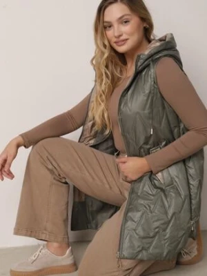 Zielona Pikowana Kamizelka o Długim Kroju z Nieodpinanym Kapturem w Romby Dephice swest