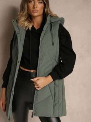 Zielona Pikowana Kamizelka o Taliowanym Kroju z Kapturem Tulonea swest