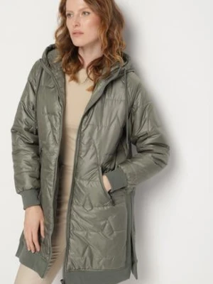 Zielona Pikowana Kurtka Przejściowa z Kapturem i Ściągaczami Fesarena swest