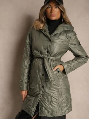 Zielona Pikowana Kurtka z Kapturem i Wiązanym Paskiem Elladie swest