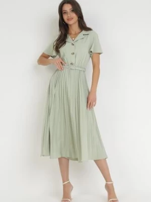 Zielona Plisowana Midi Sukienka na Guziki z Paskiem i Klamrą Taretha unigirl
