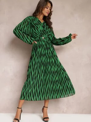 Zielona Plisowana Sukienka Maxi z Kopertową Górą i Gumką w Pasie Holia