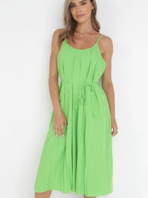 Zielona Plisowana Sukienka Midi ze Sznurkiem w Talii Eidas