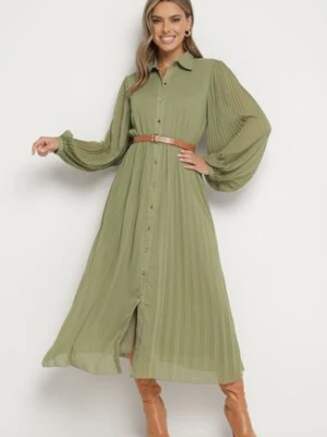 Zielona Plisowana Sukienka o Koszulowym Kroju z Dodatkowym Paskiem Mialessa unigirl