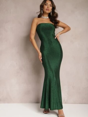 Zielona Połyskująca Sukienka Maxi Bez Ramiączek z Rozkloszowanym Dołem Botalia