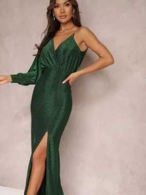 Zielona Połyskująca Sukienka Maxi o Asymetrycznym Fasonie z Trójkątnym Dekoltem i Rozcięciem Imisnna